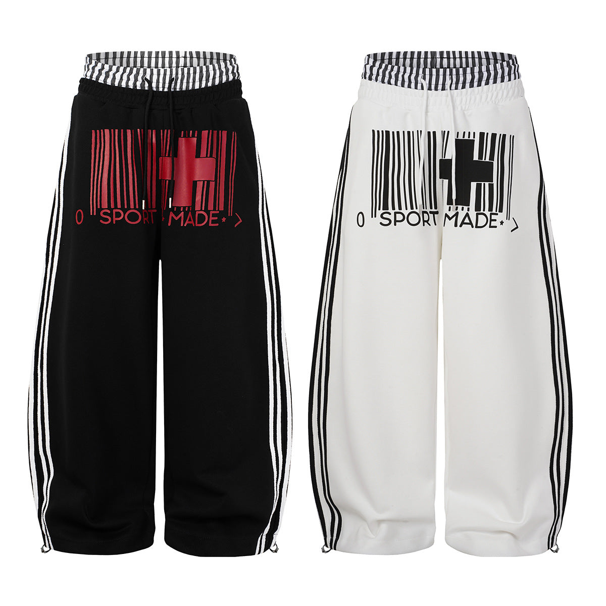 Wide-Leg Sweatpants with Barcode Cross Print & Double Waistband