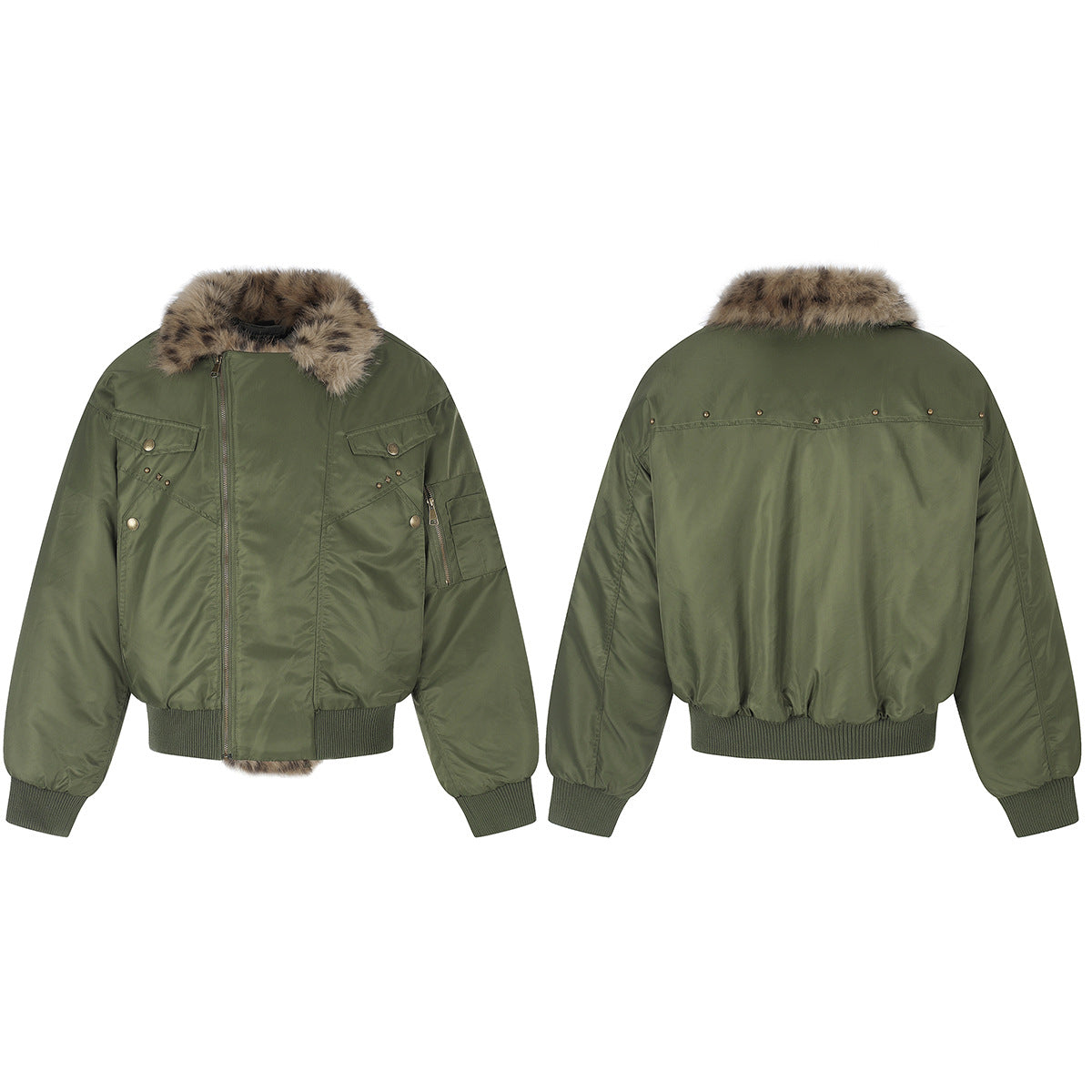 Army Green Bomber Jacket with Leopard Faux Fur Collar & Studs