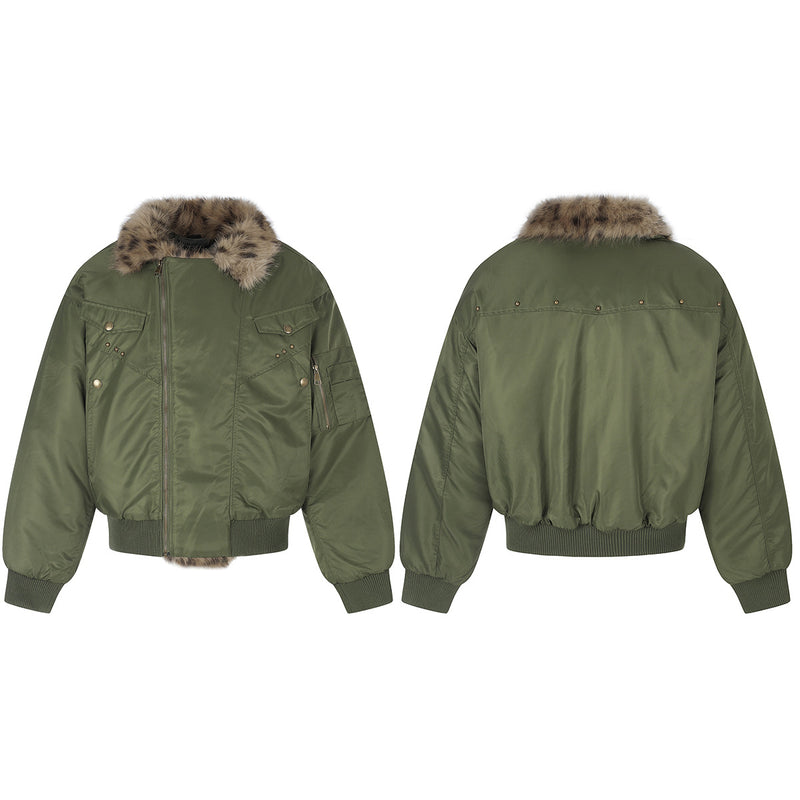 Army Green Bomber Jacket with Leopard Faux Fur Collar & Studs