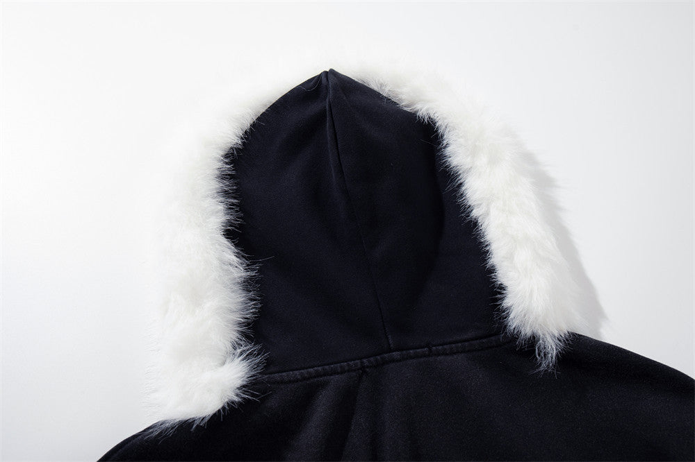 Men's Cropped Zip-Up Hoodie – Black Graphic Script with Detachable Faux Fur Hood