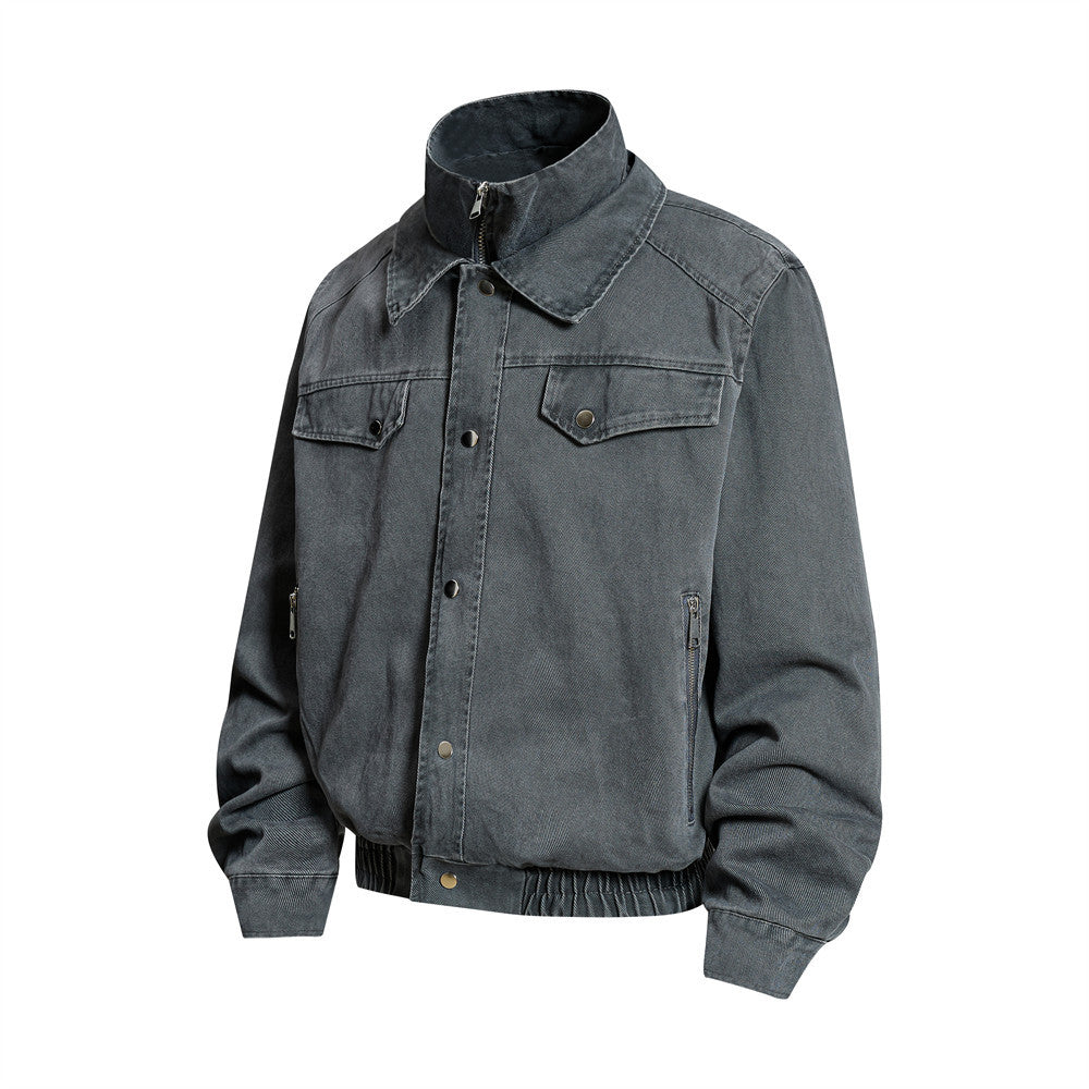 Men's Washed Denim Bomber Jacket – Oversized Fit, Double Collar & Zip Pockets