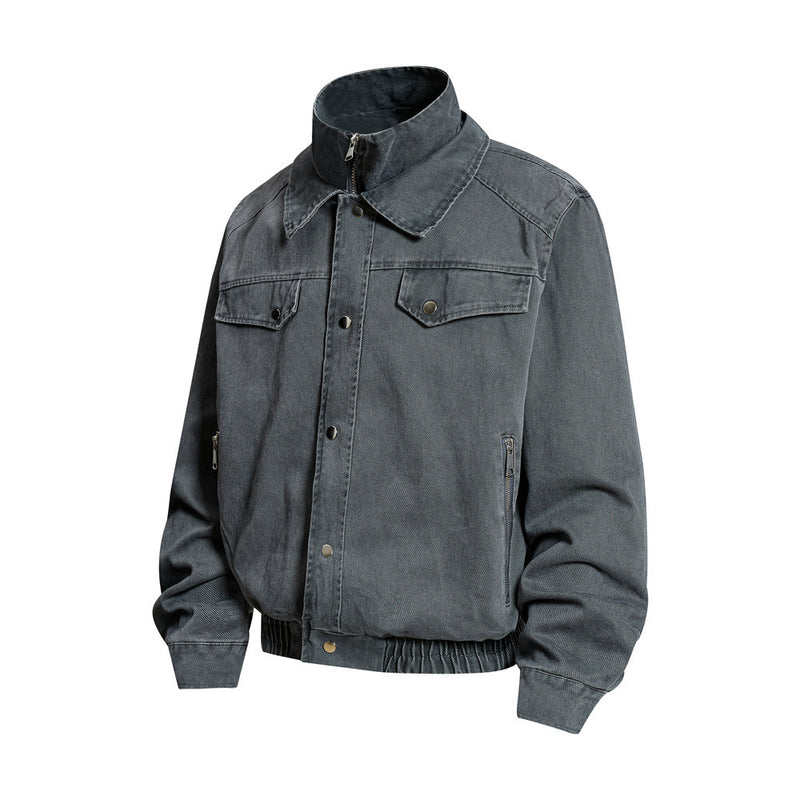 Men's Washed Denim Bomber Jacket – Oversized Fit, Double Collar & Zip Pockets