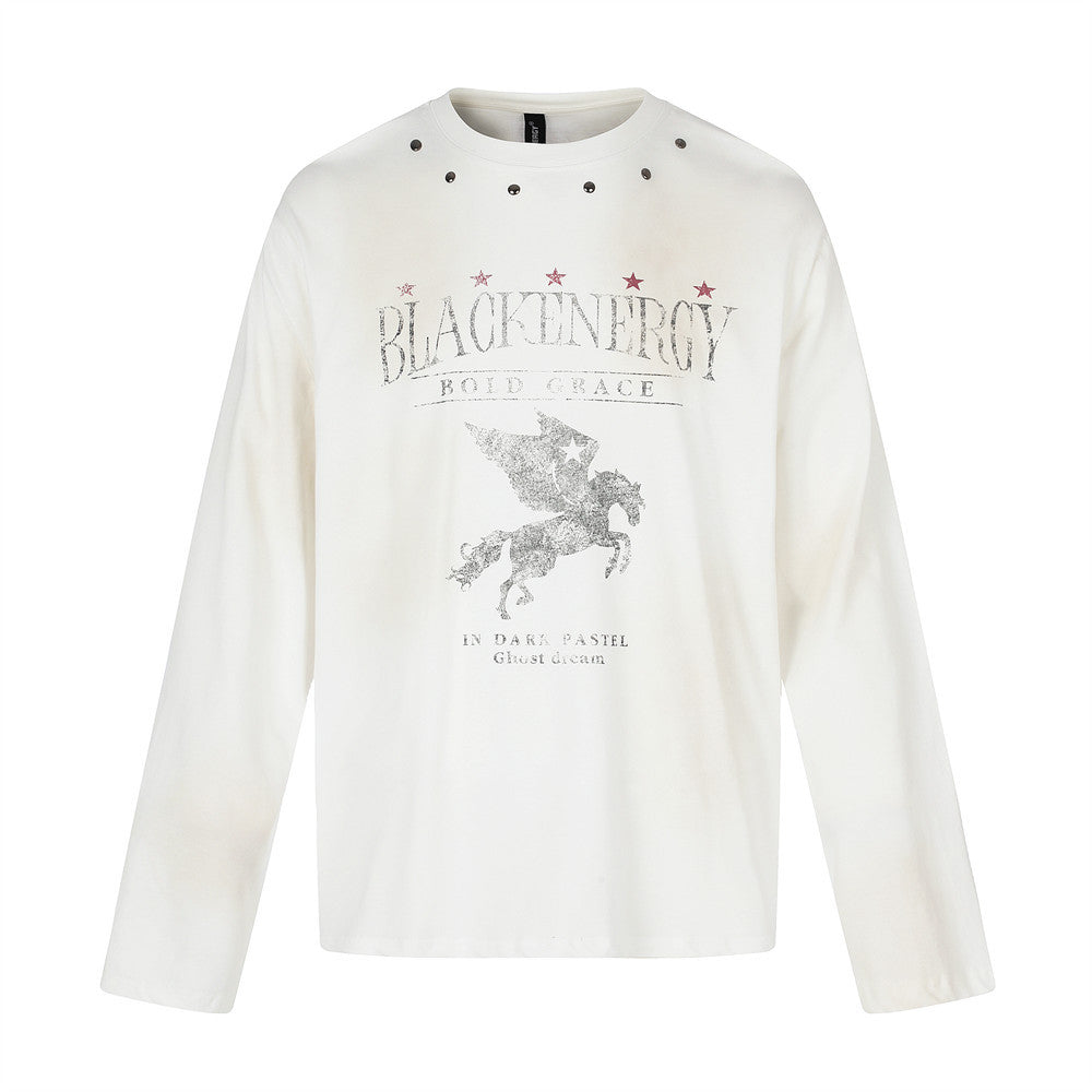 Herren-Grafikshirt Langarm mit Pegasus-Print, verwaschen, Distressed-Rundhals-Shirt