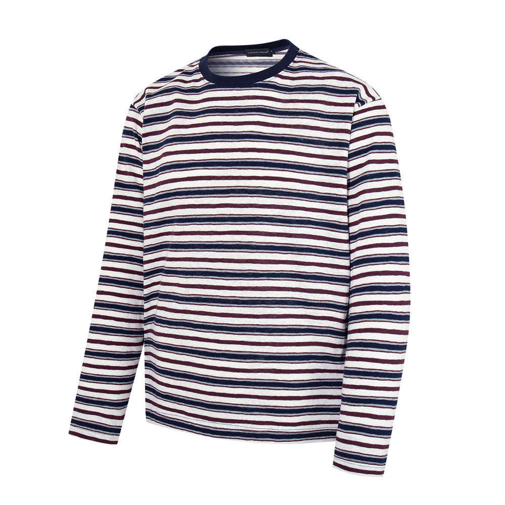 Striped T-Shirt Men's Long Sleeve Crew Neck Relaxed Fit