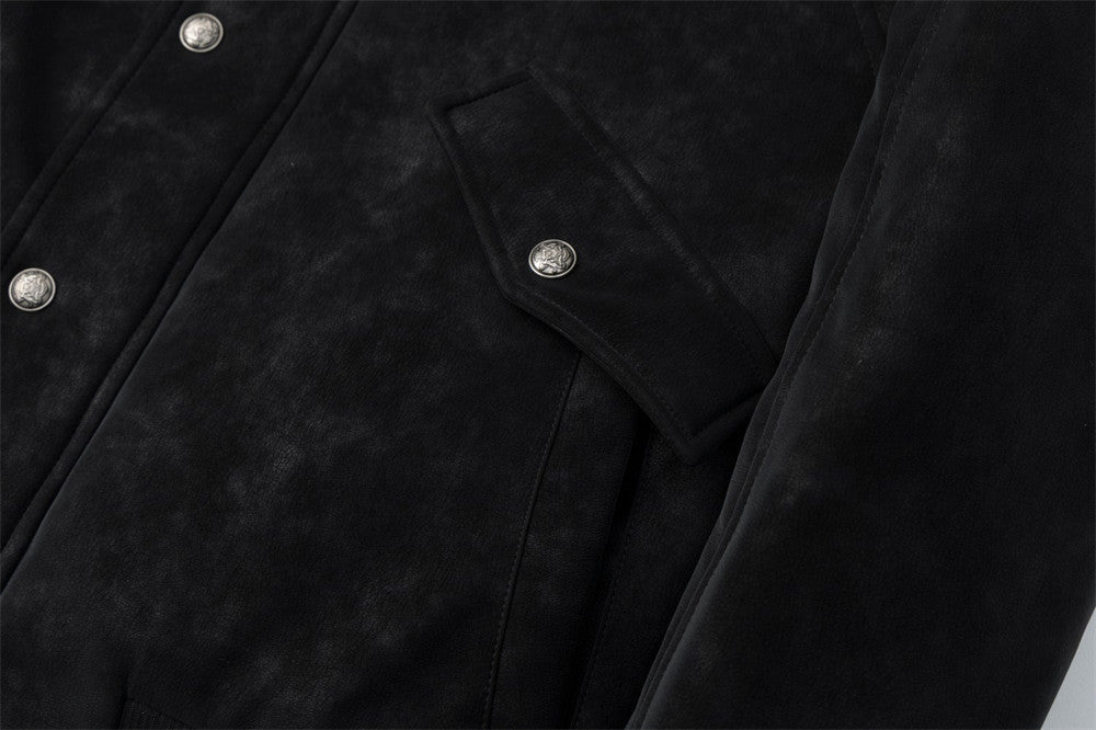 Men's Suede Bomber Jacket with Mongolian Fur Collar, Black Distressed PU Leather