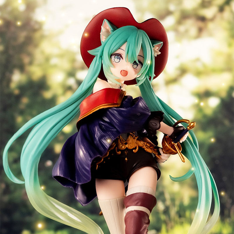 The Hatsune Miku Puss in Boots Fairy Tale 18cm PVC Figure showcases an anime-style character with turquoise twin tails flowing from a red hat with cat ears. Dressed in a blue off-shoulder top, brown shorts, and thigh-high stockings, she holds a sword against a sunlit forest backdrop.