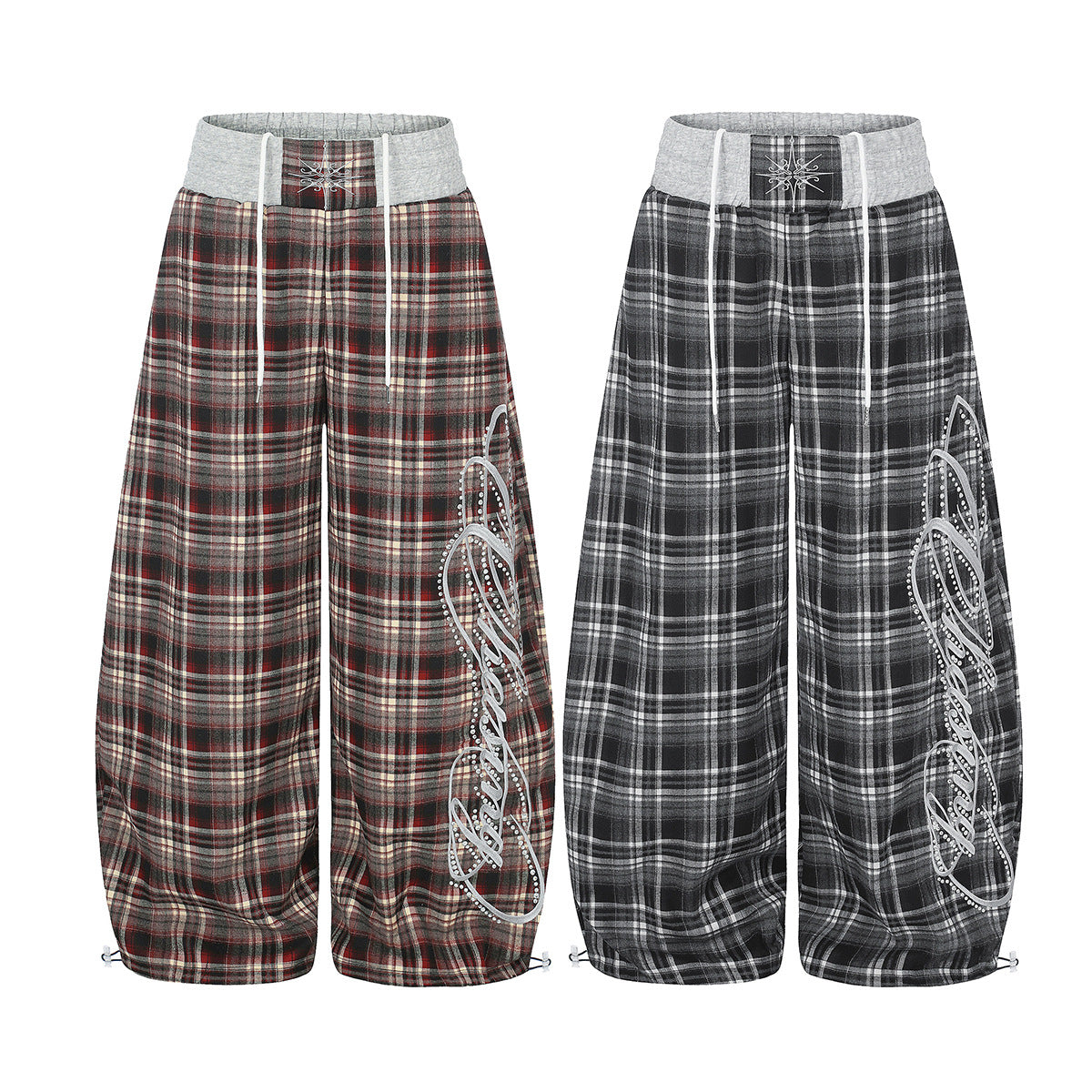 Plaid Wide-Leg Sweatpants with Drawstring Waist & Script Graphic