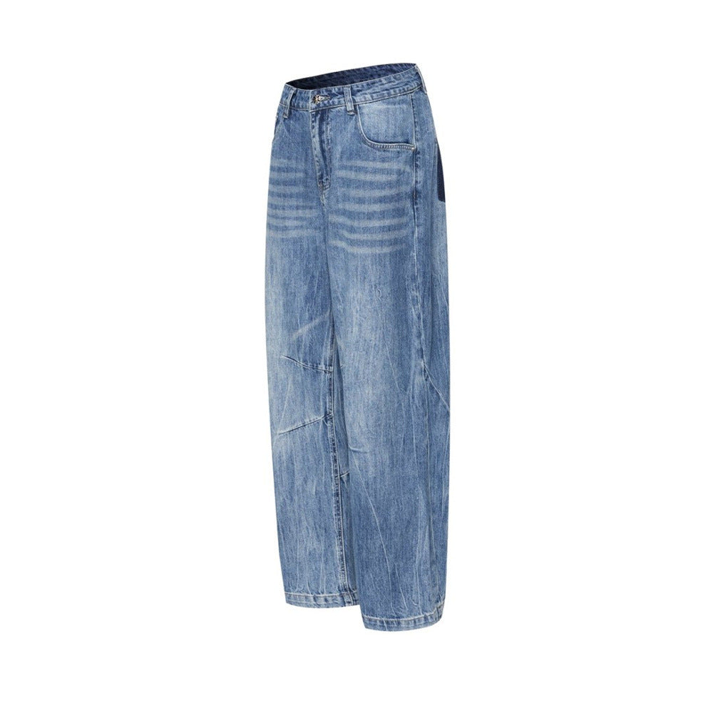 Wide-Leg Baggy Jeans – Washed Blue Curved Seam Design with Contrast Pocket
