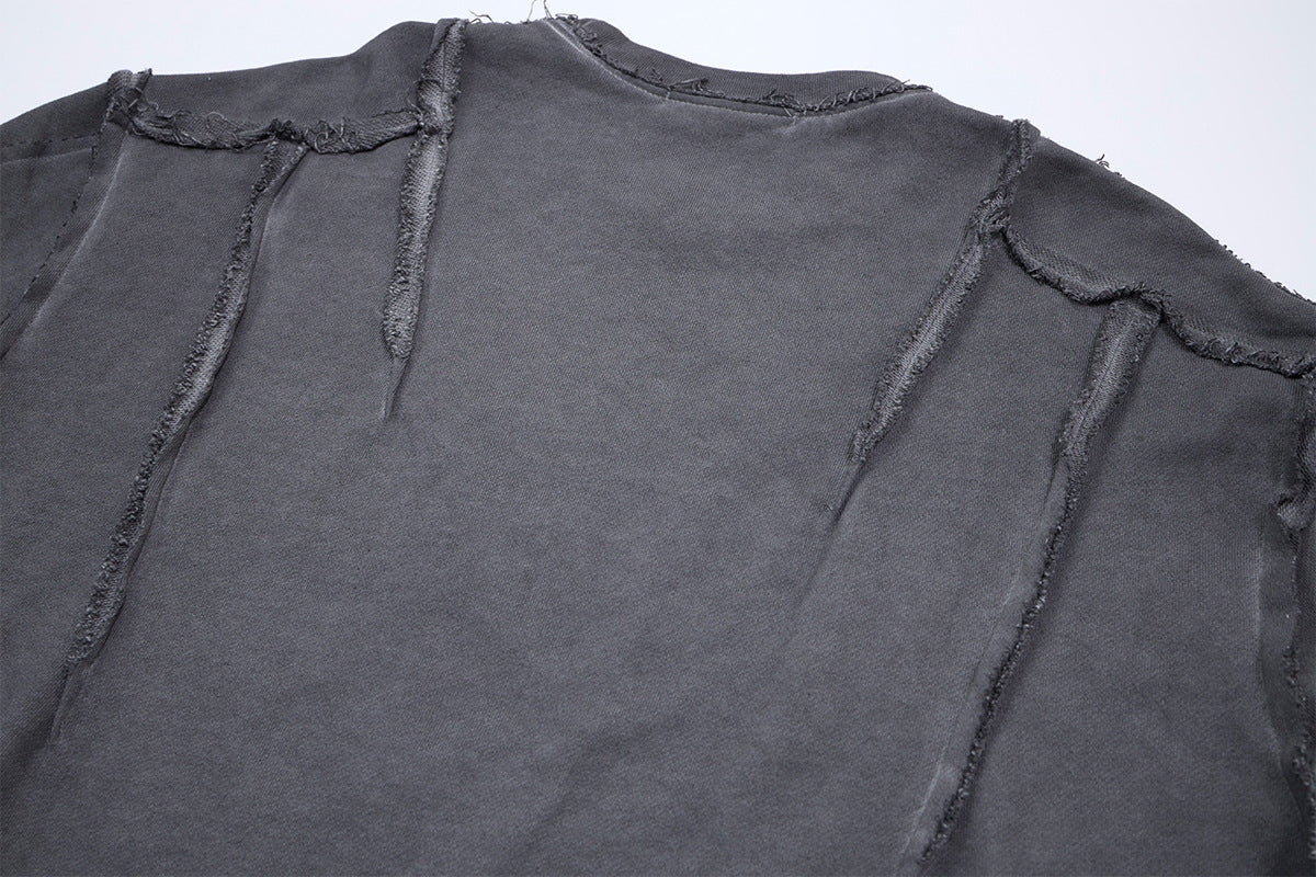 Long Sleeve Acid Wash Shirt with Celestial Print & Raw-Edge Seam Detail