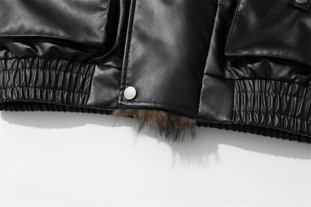 Men's Black PU Leather Bomber Jacket with Faux Fur Collar & Large Cargo Pockets