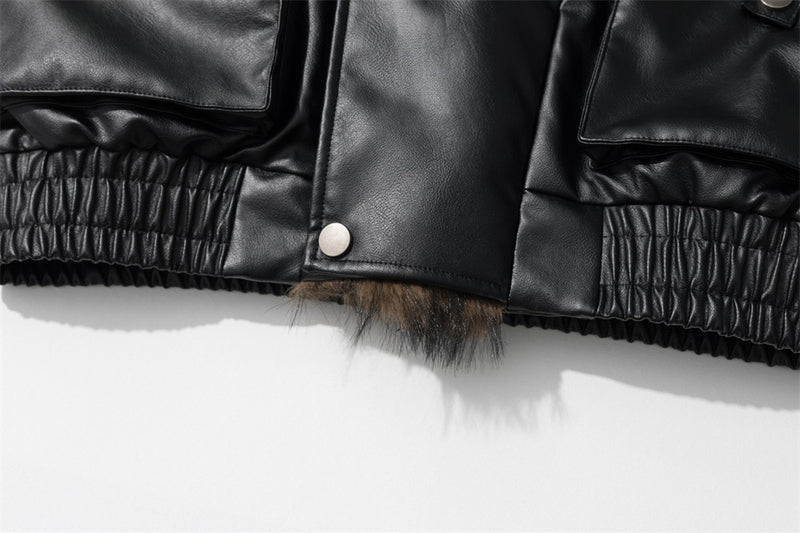 Men's Black PU Leather Bomber Jacket with Faux Fur Collar & Large Cargo Pockets