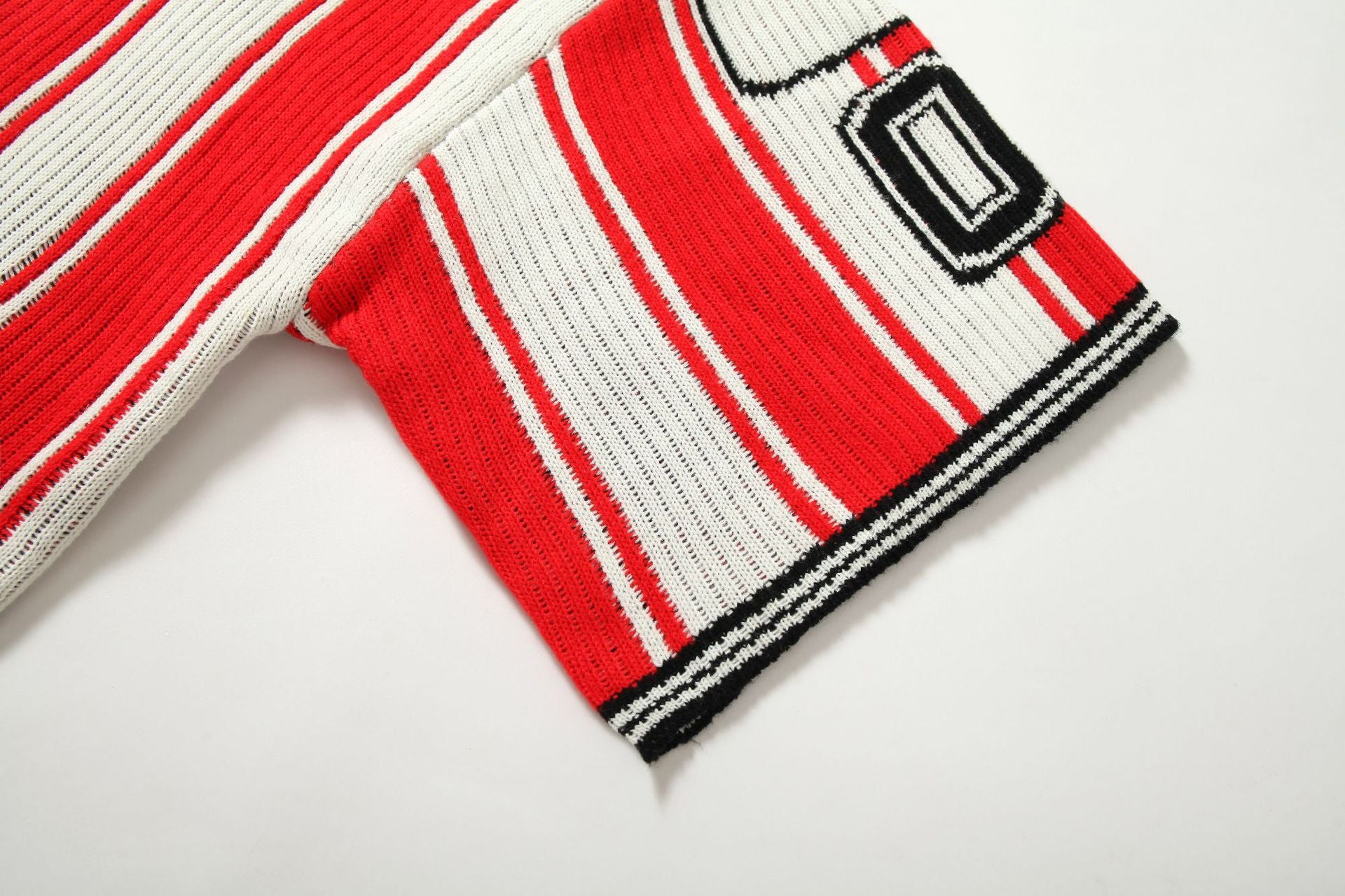 Red and White Striped V-Neck Sweater – Number 17 Oversized Knit Sports Jersey