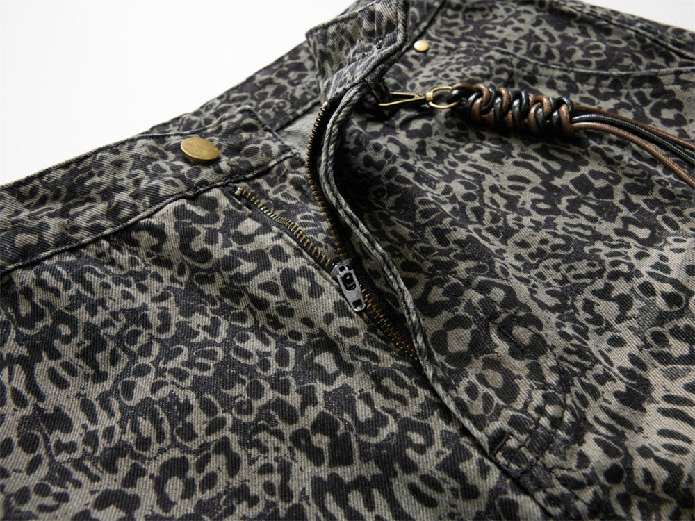 Leopard Print Wide-Leg Jeans – Vintage Washed Oversized Baggy Denim Pants