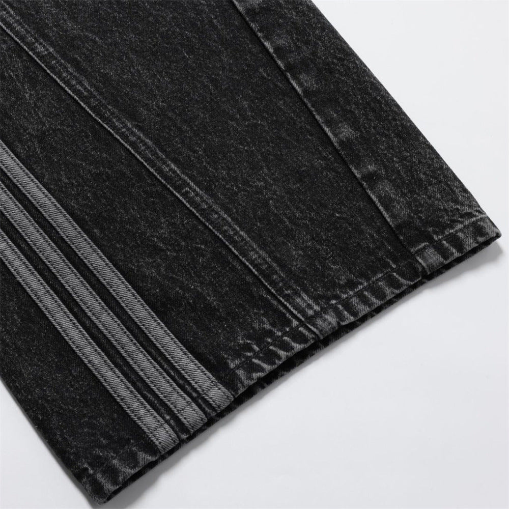 Wide Leg Dad Jeans – Washed Black Denim with Side Stripe Detail