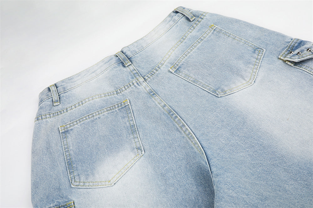 Wide Leg Cargo Jeans with Rhinestone Side Detail & Lace Trim — Light Wash Baggy