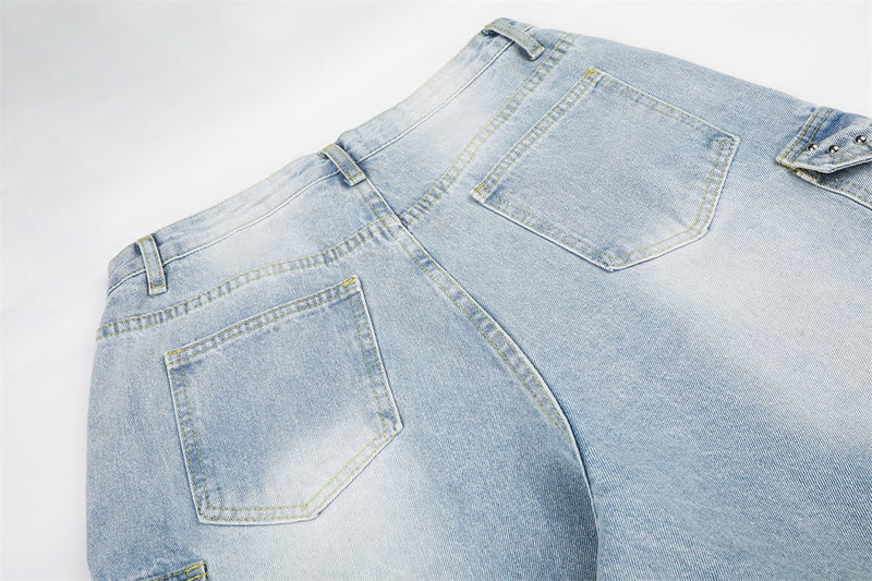 Wide Leg Cargo Jeans with Rhinestone Side Detail & Lace Trim — Light Wash Baggy