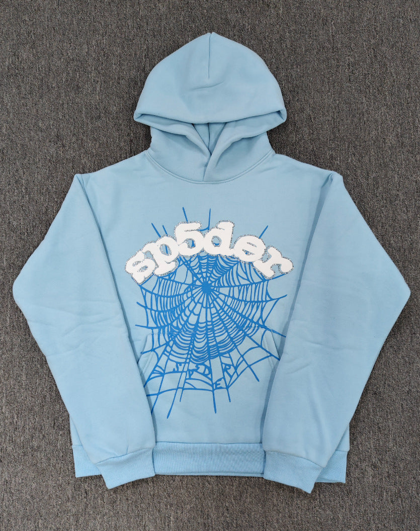 Sp5der Hoodie – Sky Blue 440GSM Heavyweight Chenille Logo Spider-Web Streetwear Pullover