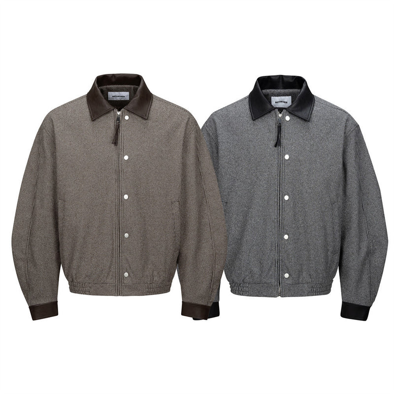 Men's Houndstooth Wool-Blend Bomber Jacket with Leather Collar & Cuffs