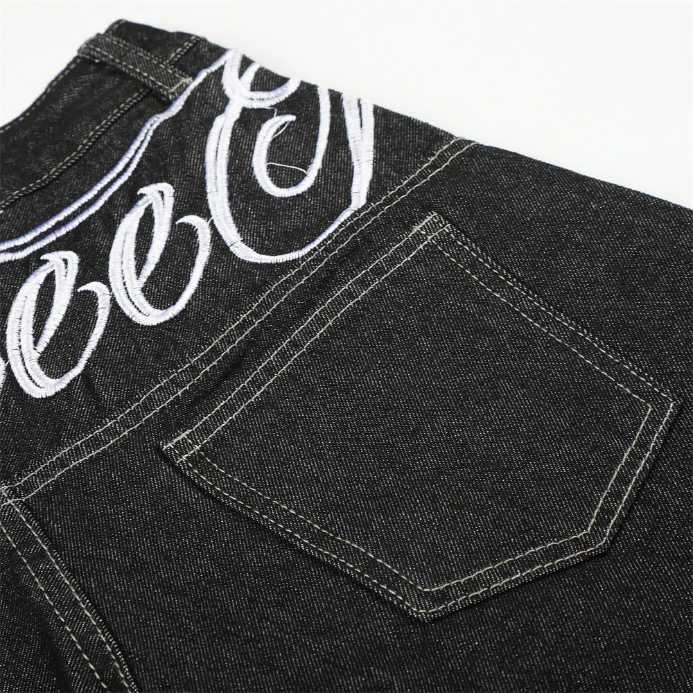 Men's Wide-Leg Jeans – Loose Fit Dark Black Denim with Back Script Embroidery &