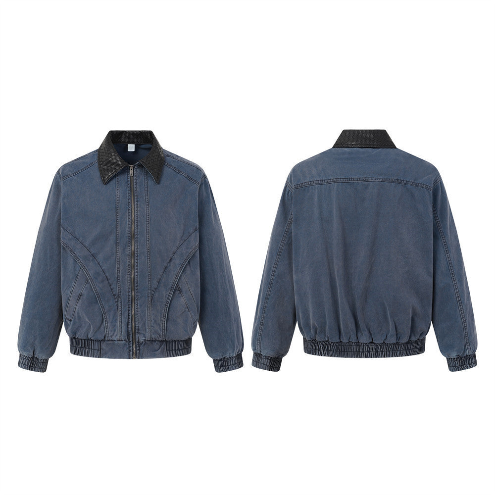 Blouson bomber en jean délavé – Col tissé en PU et coutures déconstruites