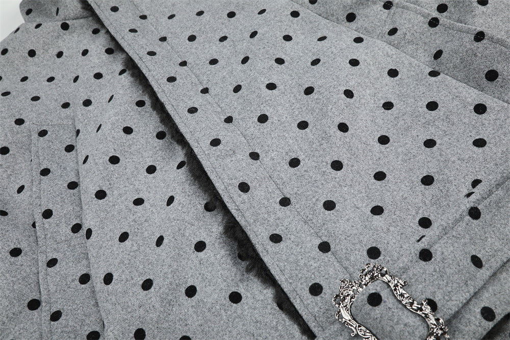 Polka Dot Wool-Blend Jacket Men – Fur Collar, Padded, Stand Collar with Belt