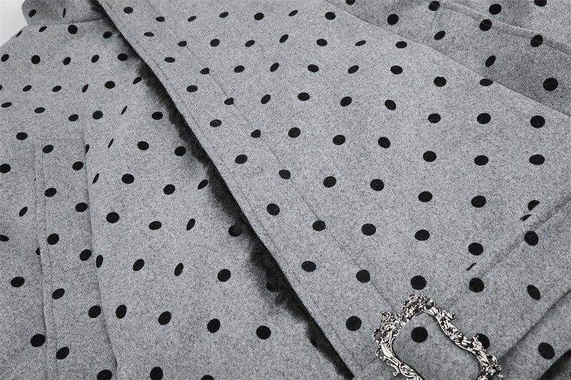 Polka Dot Wool-Blend Jacket Men – Fur Collar, Padded, Stand Collar with Belt