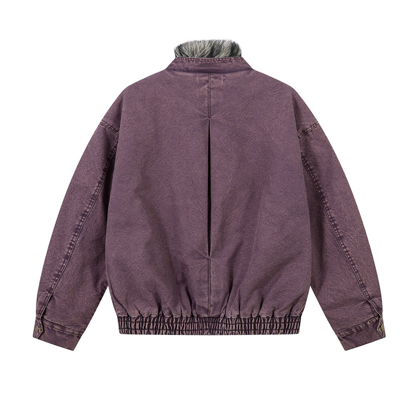 Washed Denim Bomber Jacket with Faux Fur Collar & Fleece Lining – Vintage
