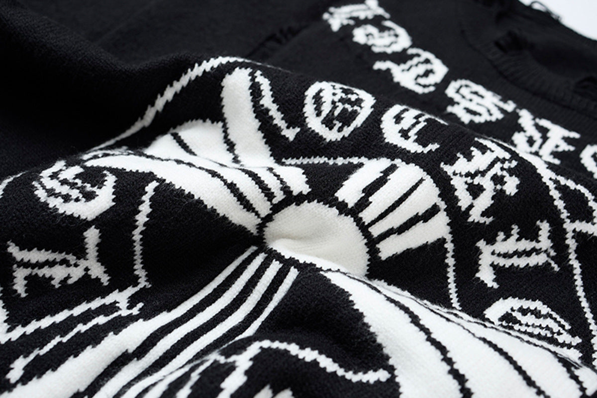 Crew Neck Knit Sweater Gothic Cross Distressed Hem Streetwear