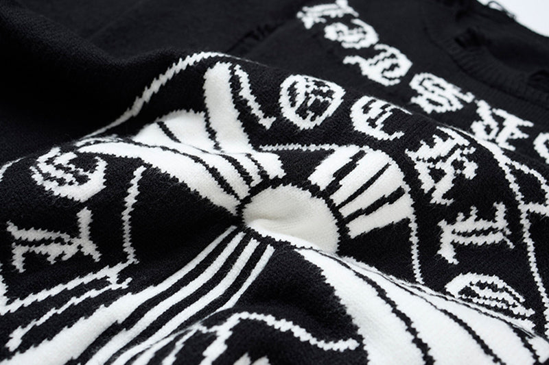 Crew Neck Knit Sweater Gothic Cross Distressed Hem Streetwear