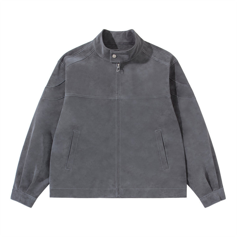 Men's Moto-Style Stand Collar PU Suede Jacket – Oversized Fit