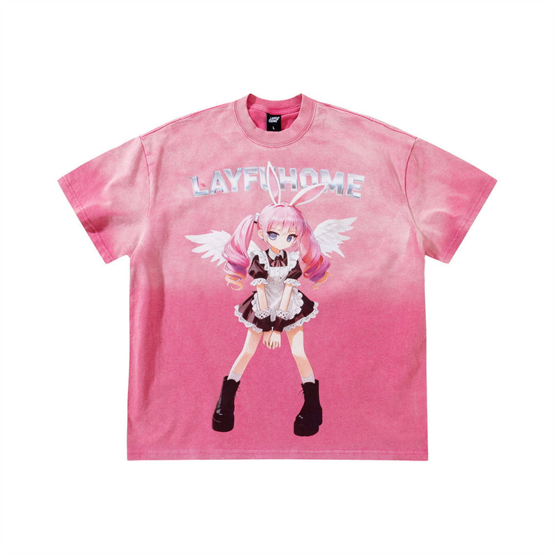 Camiseta gráfica rosa para hombre – Camiseta extragrande lavada al ácido con ángel maid de anime