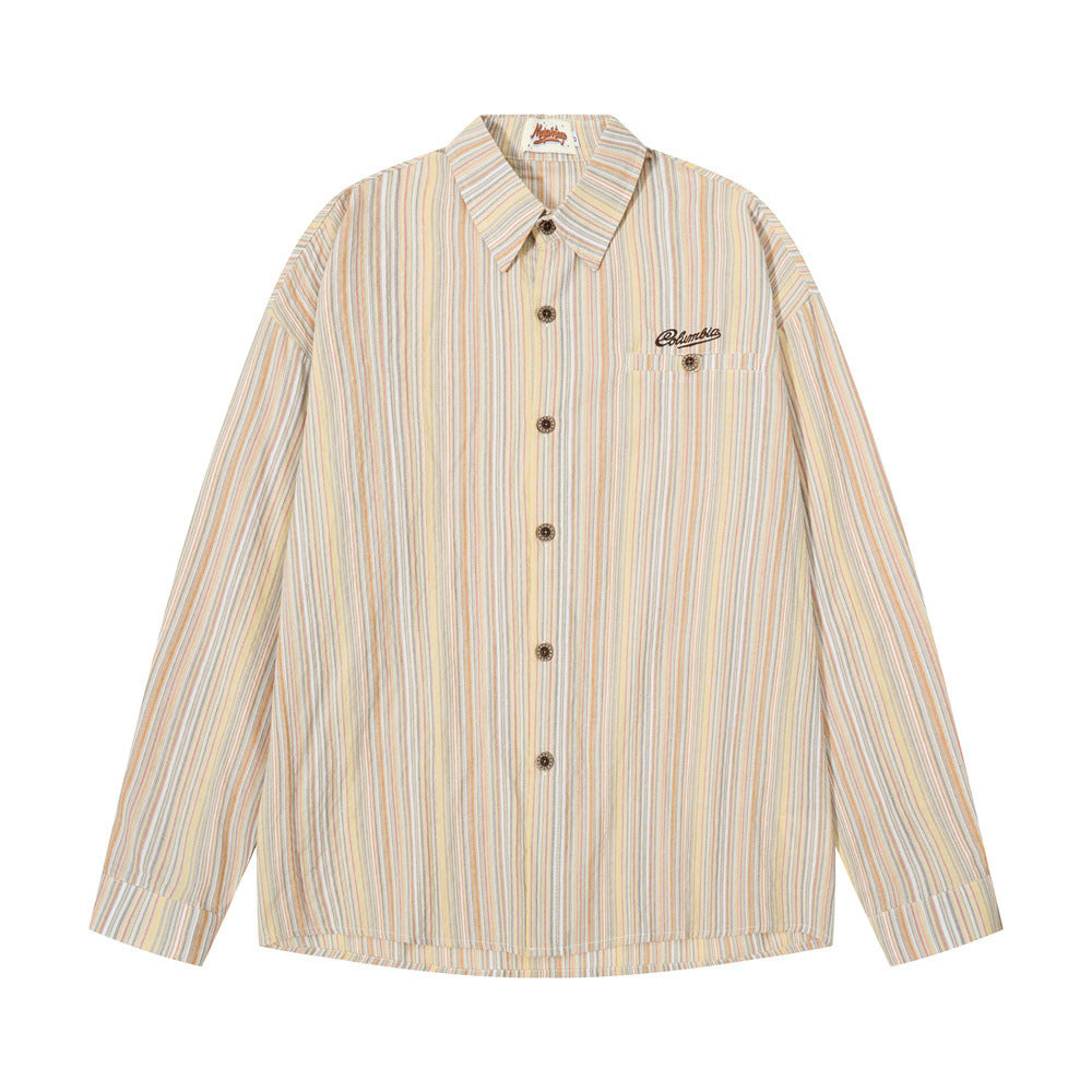 Men's relaxed fit long-sleeve multicolor vertical striped button-up shirt with embroidered script logo on chest pocket