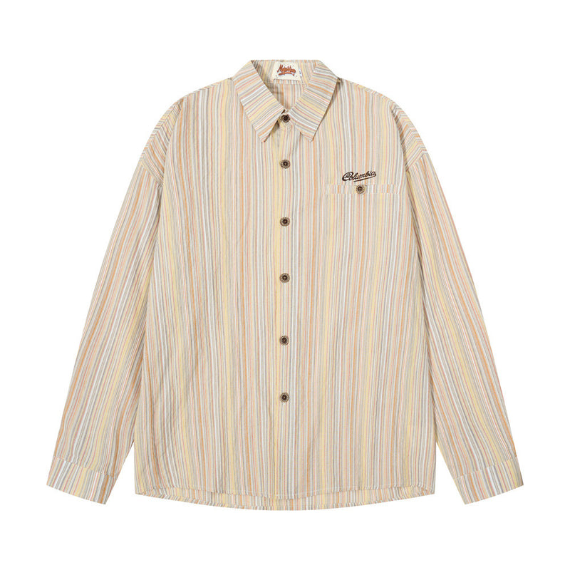 Men's relaxed fit long-sleeve multicolor vertical striped button-up shirt with embroidered script logo on chest pocket