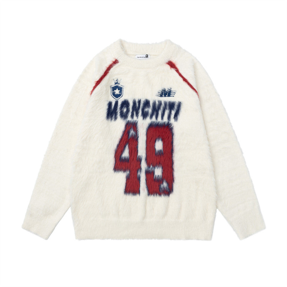 Monchiti 49 oversized fuzzy knit crewneck sweater with varsity graphic in off-white, front view