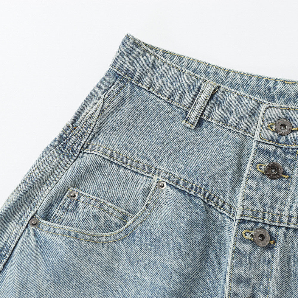 Men's Wide Leg Barrel Jeans – Diagonal Button Fly, Vintage Washed Denim