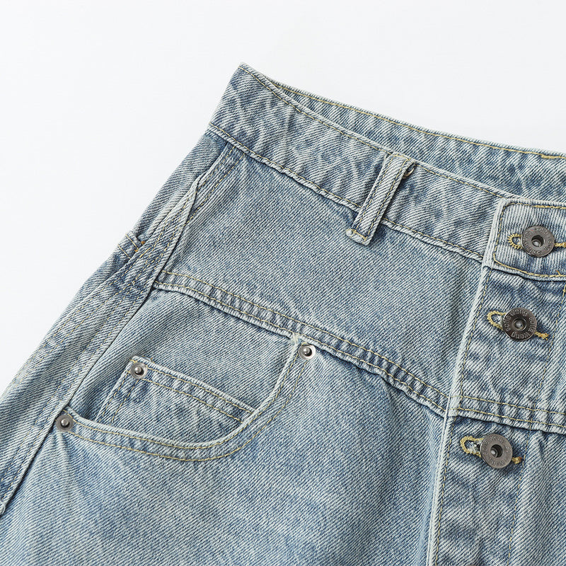 Men's Wide Leg Barrel Jeans – Diagonal Button Fly, Vintage Washed Denim
