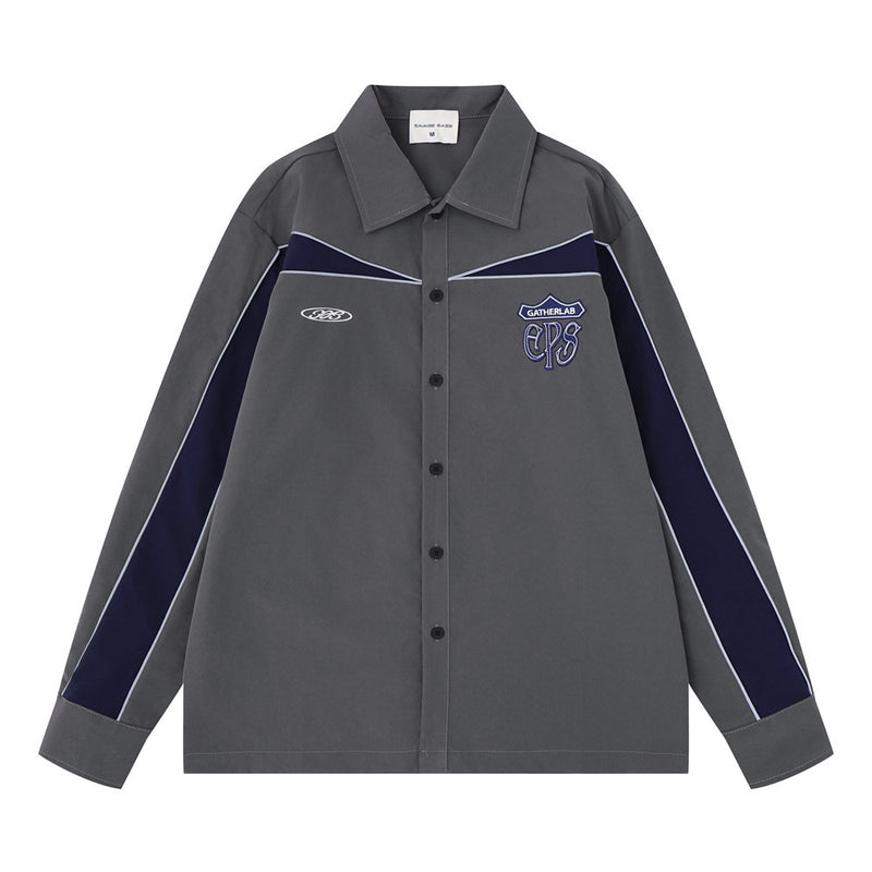 Colorblock Racing Long Sleeve Shirt – Relaxed Fit Moto-Inspired Button-Up