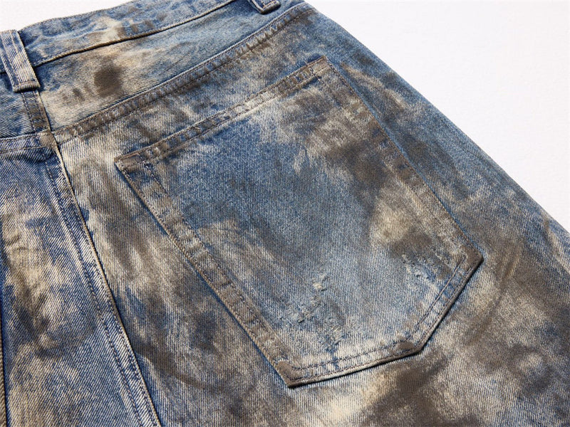 Wide-Leg Distressed Jeans – Dirty Wash Tie-Dye Ripped Denim, Relaxed Fit