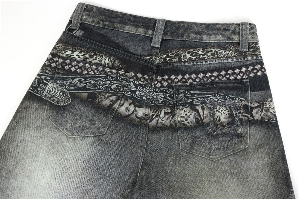 Baggy Wide-Leg Jeans – Paisley Graphic Waistband, Acid-Washed Grey Denim