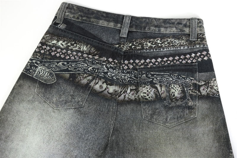 Baggy Wide-Leg Jeans – Paisley Graphic Waistband, Acid-Washed Grey Denim