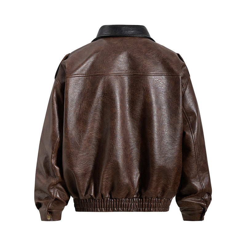 Oversized PU Leather Bomber Jacket – Vintage American Moto Style with Contrast