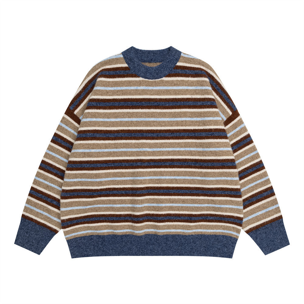 Men's oversized vintage stripe crewneck knit sweater in camel, brown, cream, sky blue, and denim blue horizontal stripes with