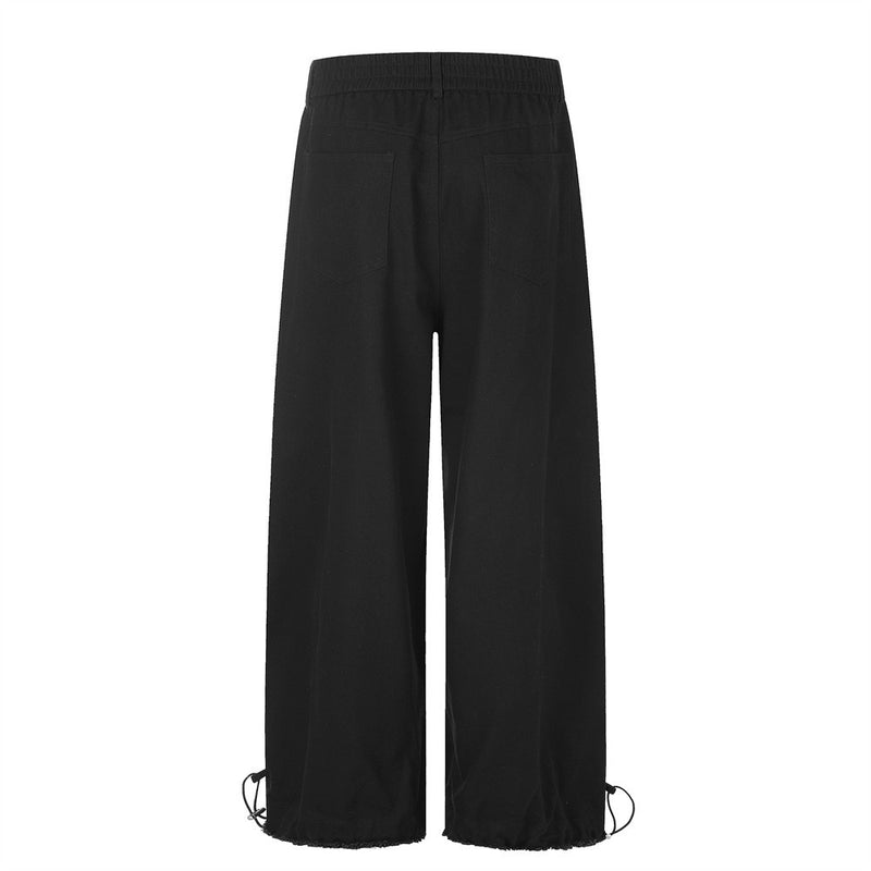 Wide-Leg Straight-Cut Pants – Elastic Waist, Raw Hem & Drawstring Ankle