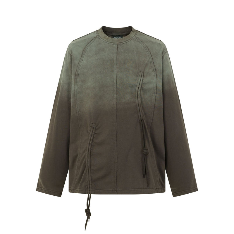 Oversize-Sweatshirt mit langen Ärmeln und Rundhalsausschnitt im gewaschenen Ombré-Look von Olivgrün zu Braun, mit Kordelzugdetail am Saum