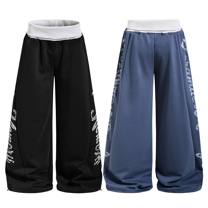 Men's wide-leg sweatpants with distressed letter print and contrast grey ribbed waistband in black and steel blue