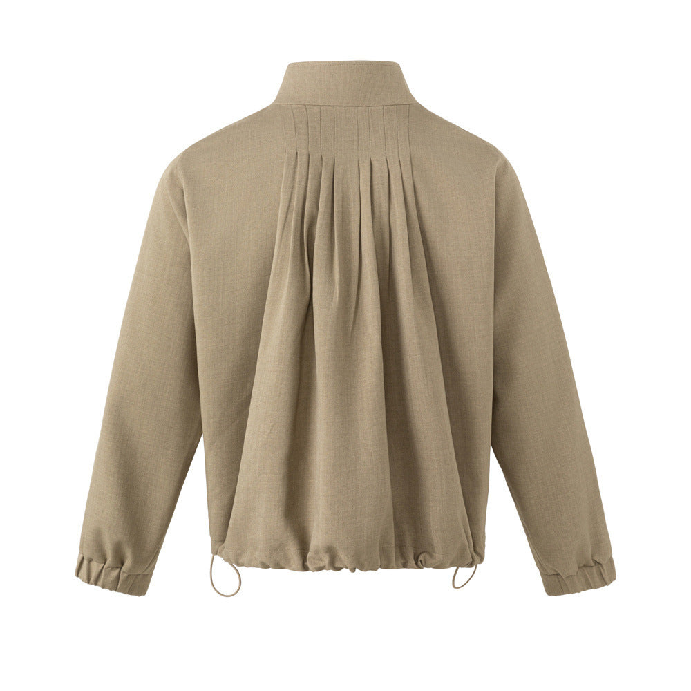 Stand Collar Zip Jacket with Pleated Back & Drawstring Hem — Men's Relaxed Fit