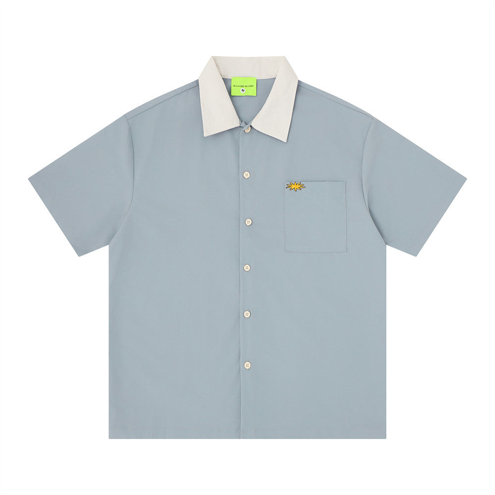 Colorblock Embroidered Short Sleeve Shirt – Men's Street Style Button-Up