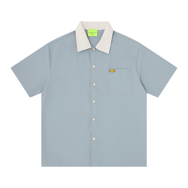 Colorblock Embroidered Short Sleeve Shirt – Men's Street Style Button-Up