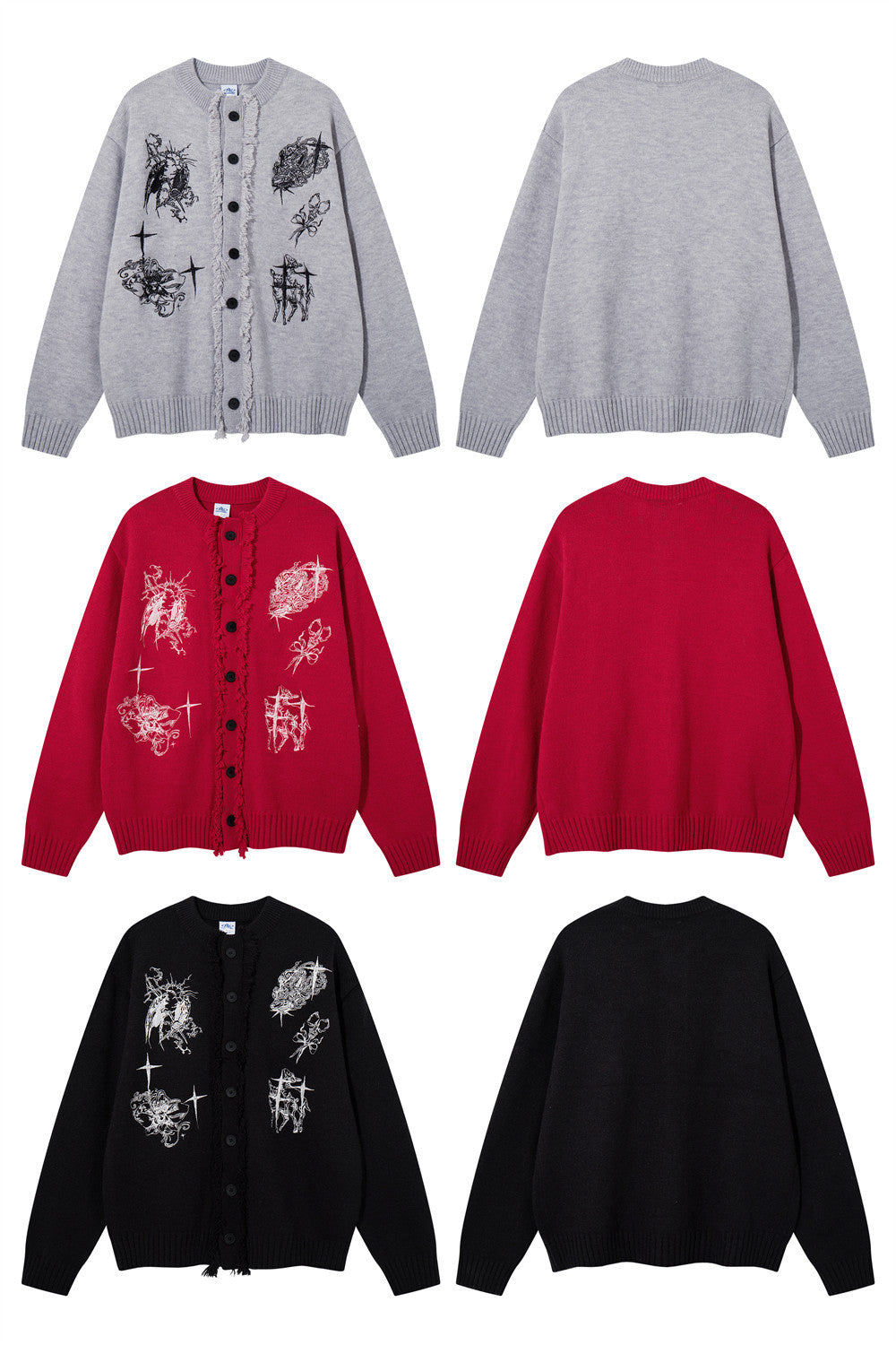 Oversized Knit Cardigan Sweater with Gothic Graphic Embroidery and Fringe Trim