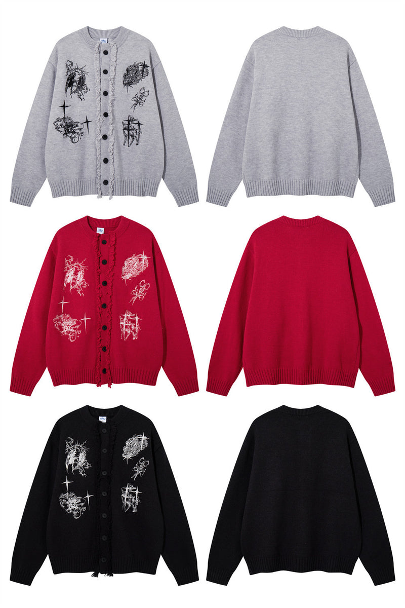 Oversized Knit Cardigan Sweater with Gothic Graphic Embroidery and Fringe Trim